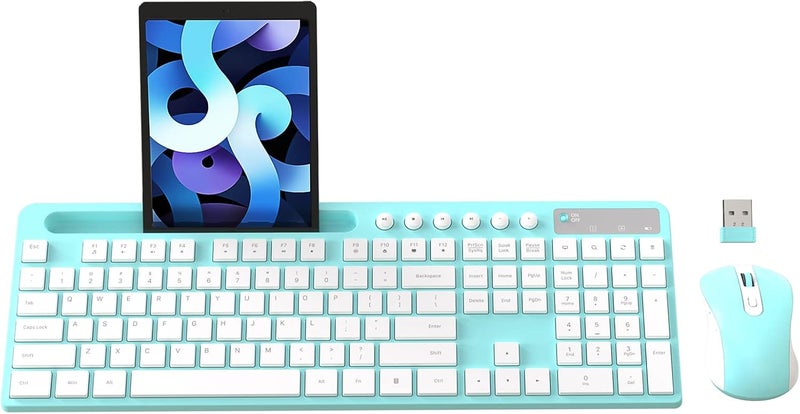 MARVO Wireless Keyboard and Mouse Combo, 2.4G Ergonomic Wireless Computer Keyboard with Phone Tablet Holder, Silent Mouse with 6 Button, Compatible with MacBook, Windows (Blue) - Image 1